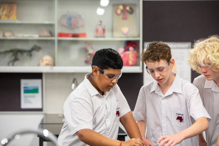 a group of students performing a science experiment within a school science laboratory.