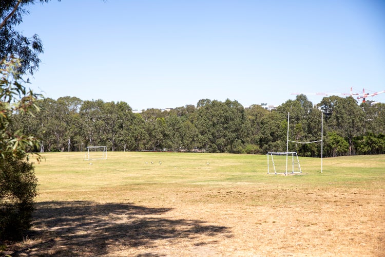 A school oval, landscape image with football posts and soccer goals